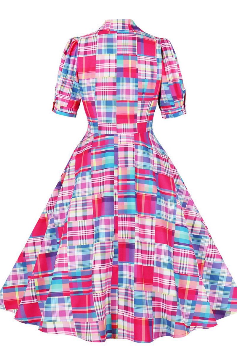 1950s Gingham Buttons A-Line Midi Dress