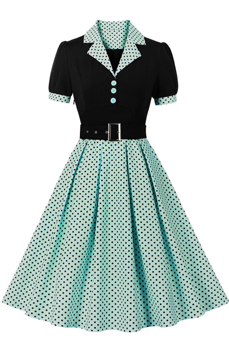 Mint Green Polka Dot Lapel Midi Dress with Belt Modsele Mint Green Polka Dot Lapel Midi Dress with Belt Modsele