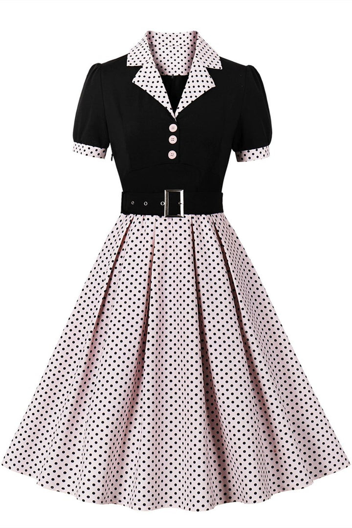 Mint Green Polka Dot Lapel Midi Dress with Belt