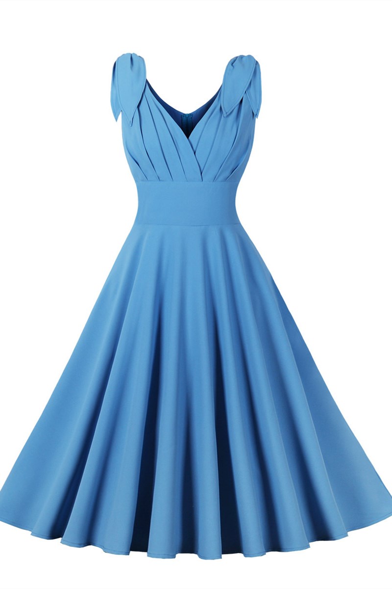 Blue Surplice Bow Strap Vintage Midi Dress