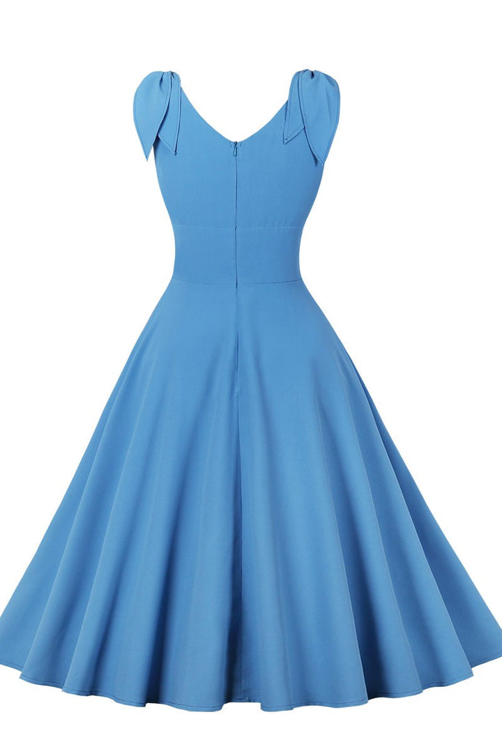 Blue Surplice Bow Strap Vintage Midi Dress