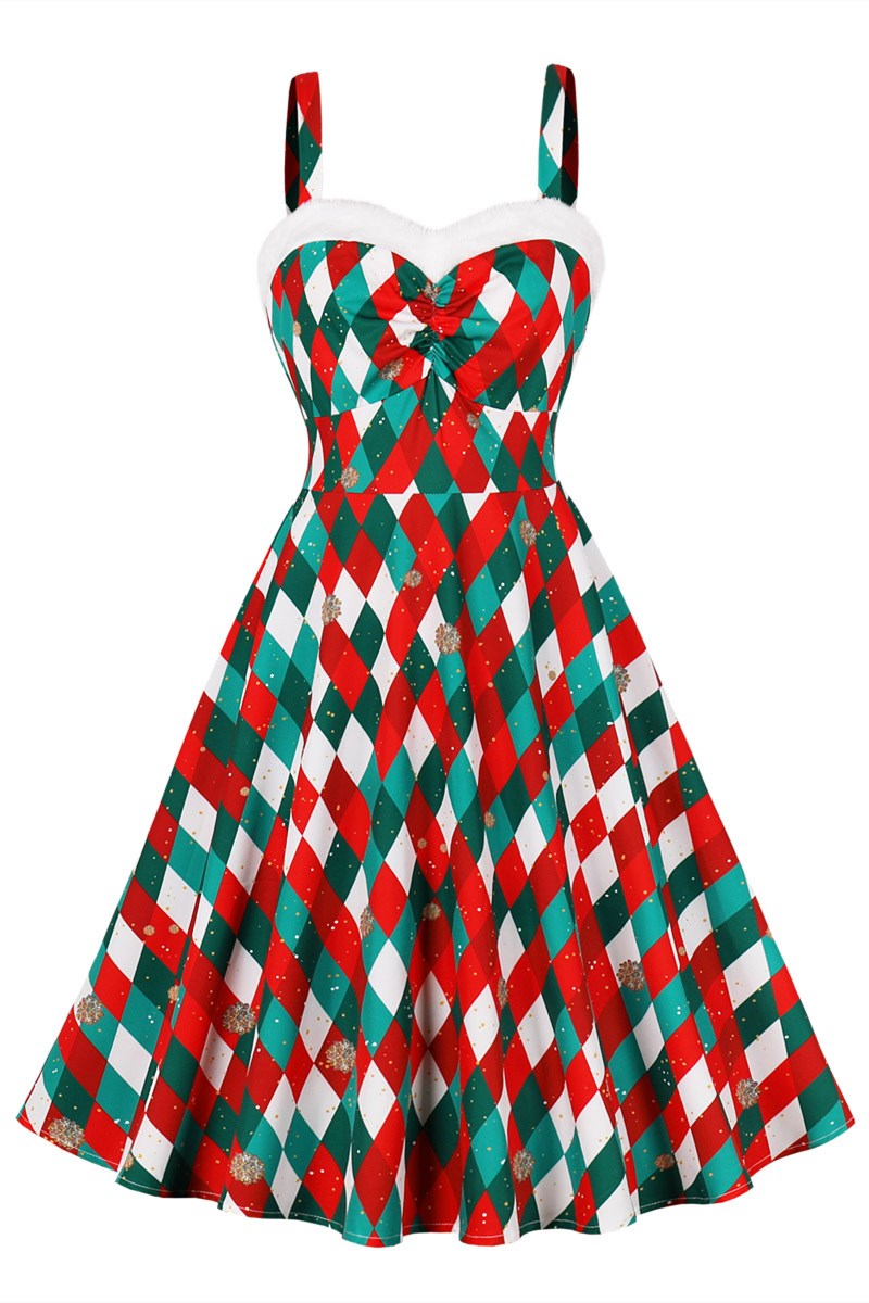 Christmas Gingham Fur Strap A-Line Midi Dress Modsele Christmas Gingham Fur Strap A-Line Midi Dress Modsele