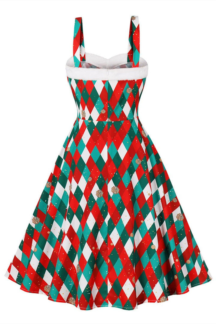 Christmas Gingham Fur Strap A-Line Midi Dress