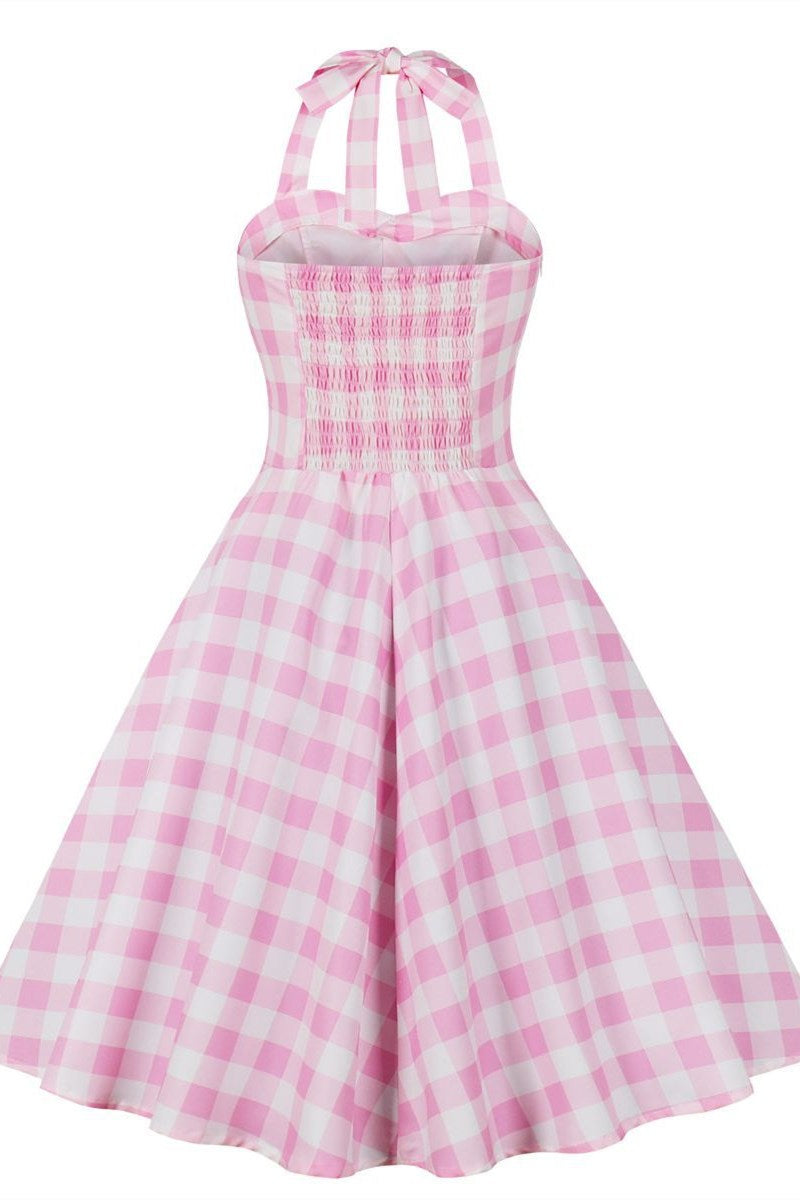 Barbie Pink Plaid Halter A-Line Midi Dress