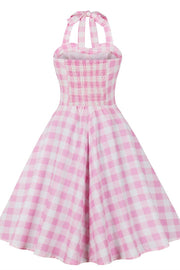 Barbie Pink Plaid Halter A-Line Midi Dress