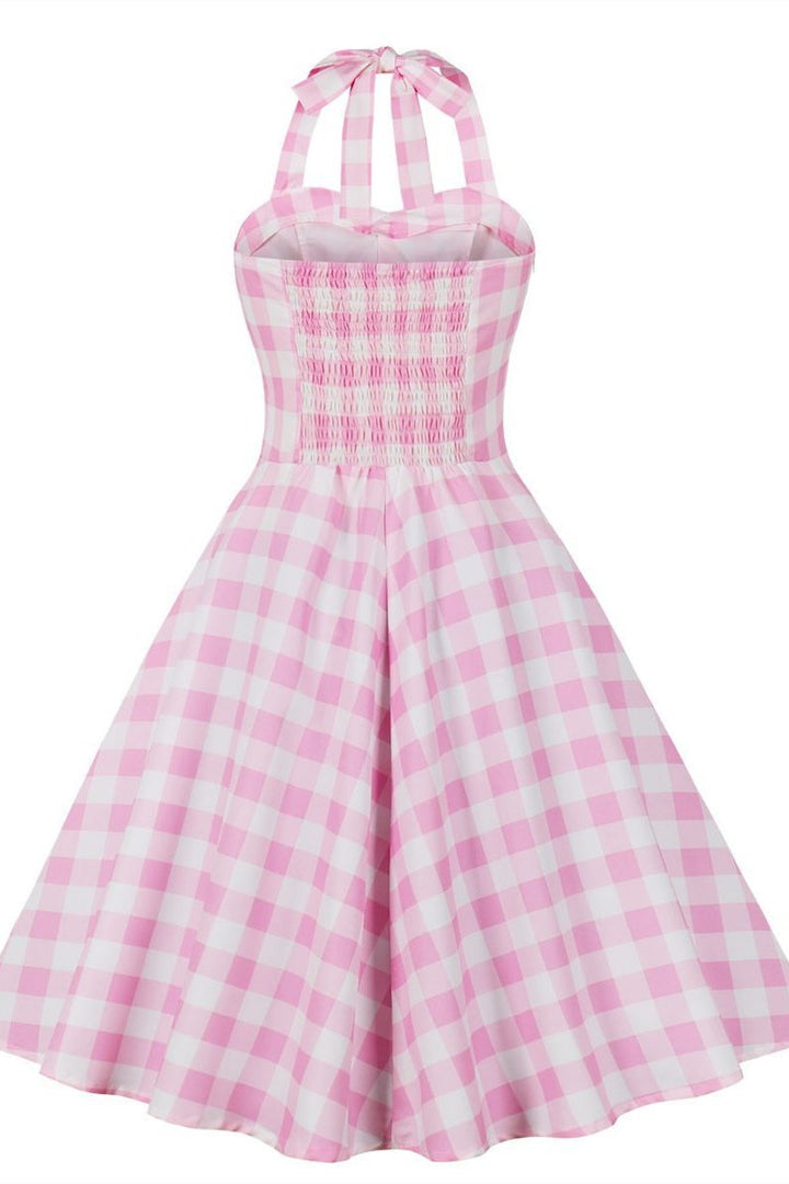 Barbie Pink Plaid Halter A-Line Midi Dress
