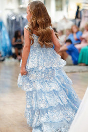 Light Blue Tull Sequin Ruffle Multi-Layer Long Girl Pageant Dress