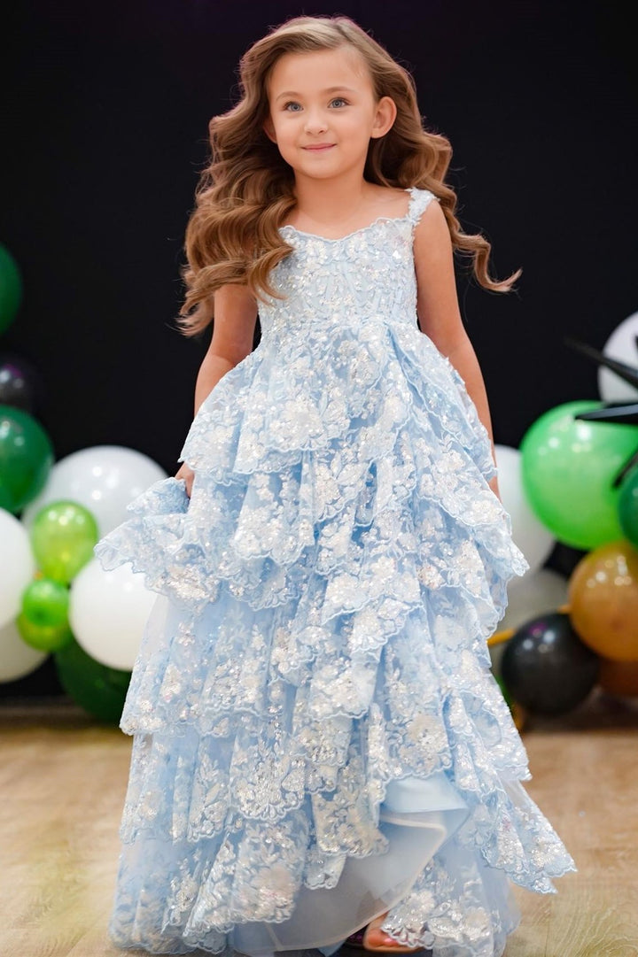 Light Blue Tull Sequin Ruffle Multi-Layer Long Girl Pageant Dress