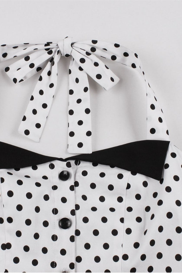 Black and White Polka Dot Halter Belt Midi Vintage Dress