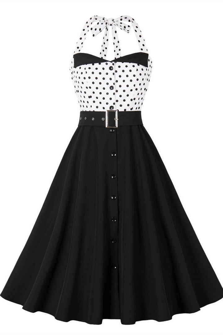 Black and White Polka Dot Halter Belt Midi Vintage Dress