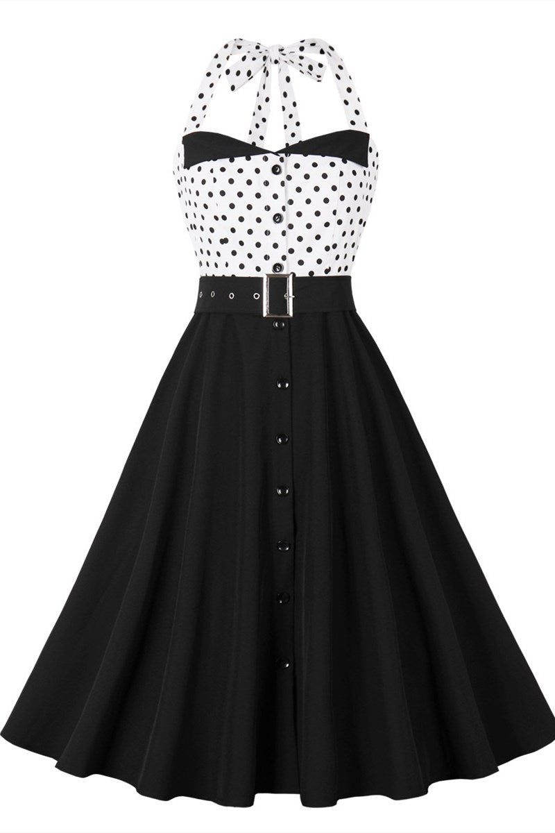 Black and White Polka Dot Halter Belt Midi Vintage Dress Modsele Black and White Polka Dot Halter Belt Midi Vintage Dress Modsele