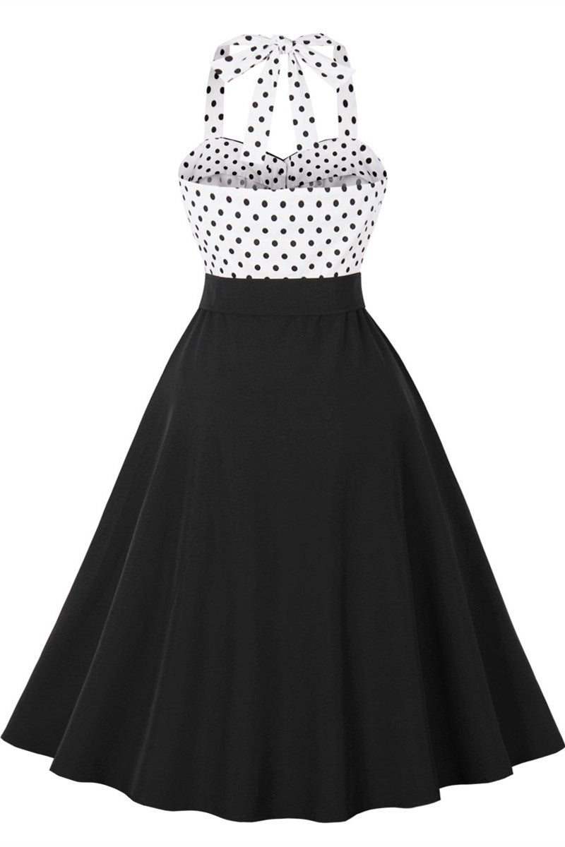 Black and White Polka Dot Halter Belt Midi Vintage Dress