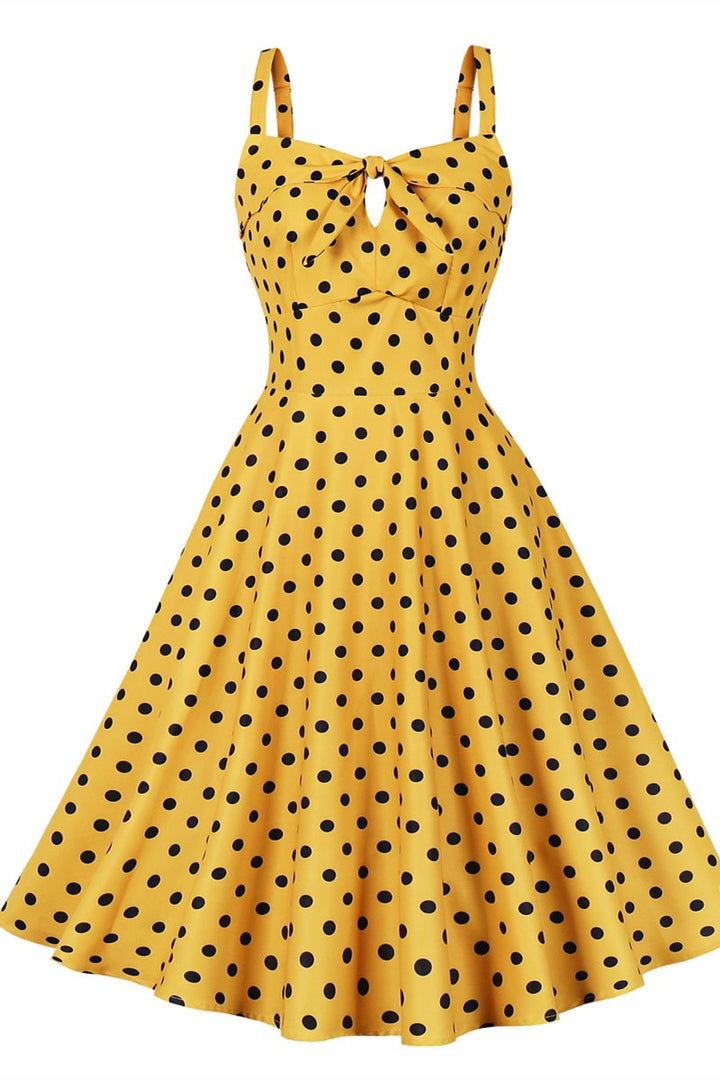 Yellow Polka Dot Keyhole Strap Midi Vintage Dress