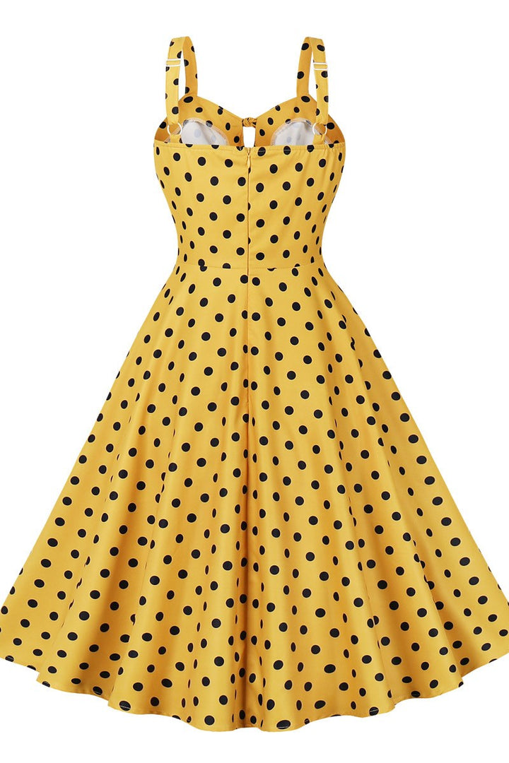 Yellow Polka Dot Keyhole Strap Midi Vintage Dress