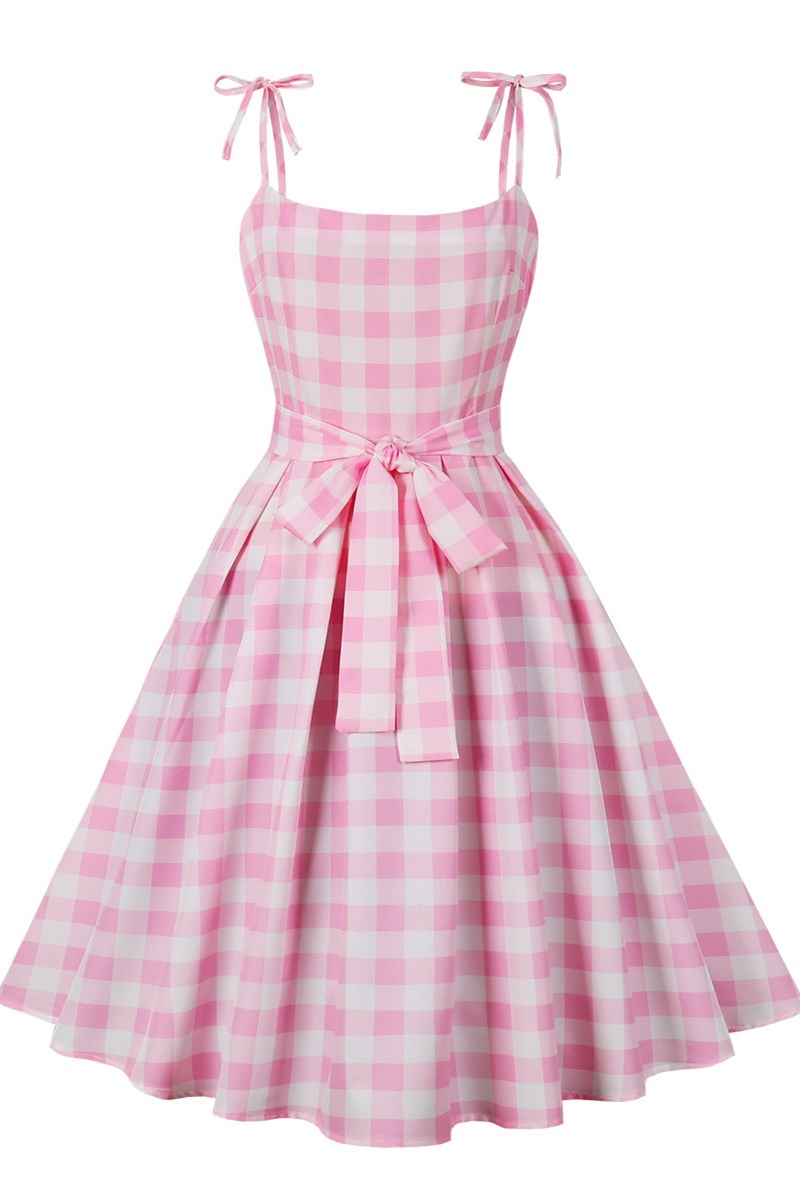 Pink Gingham Bow Strap Tie-Front A-Line Midi Dress Modsele Pink Gingham Bow Strap Tie-Front A-Line Midi Dress Modsele