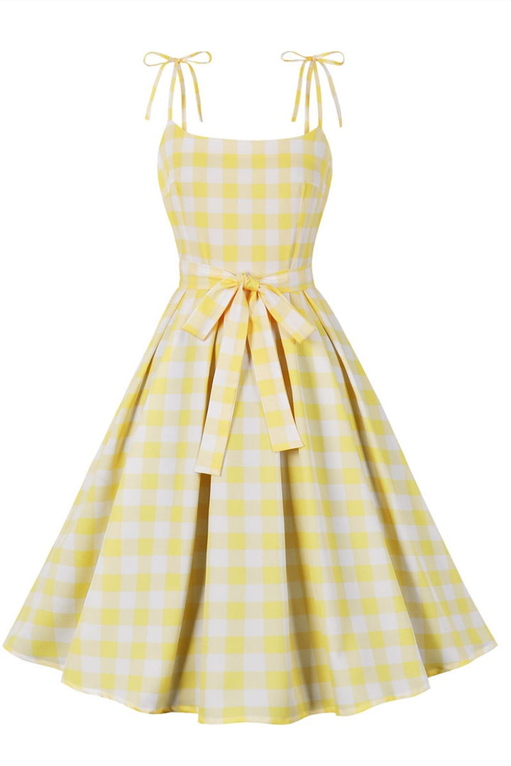 Pink Gingham Bow Strap Tie-Front A-Line Midi Dress