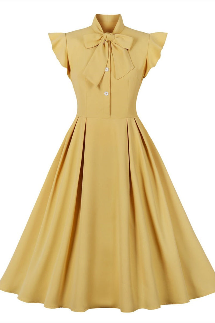 Aqua Blue Tie-Neck Flutter Sleeve A-Line Midi Dress
