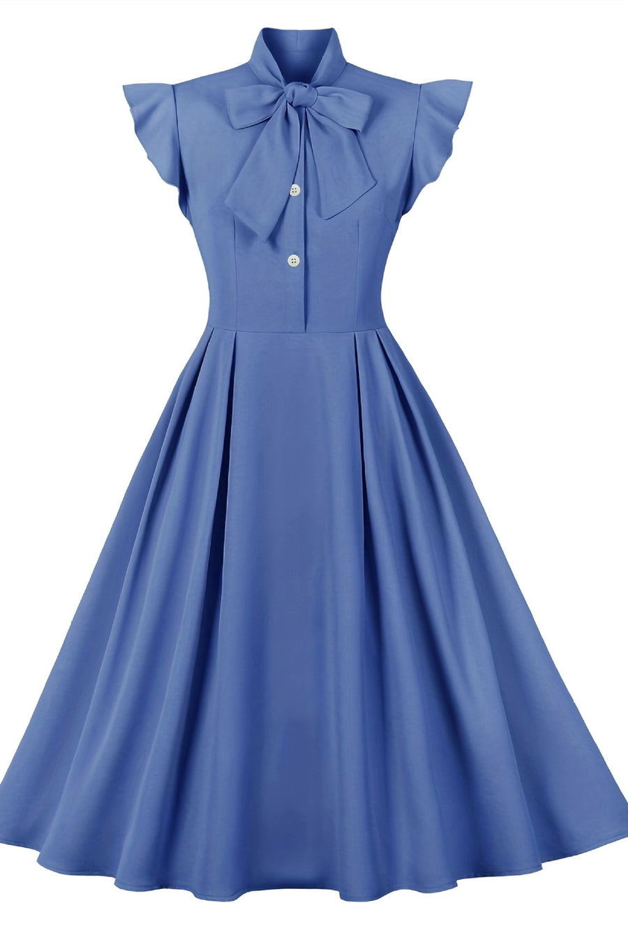 Aqua Blue Tie-Neck Flutter Sleeve A-Line Midi Dress