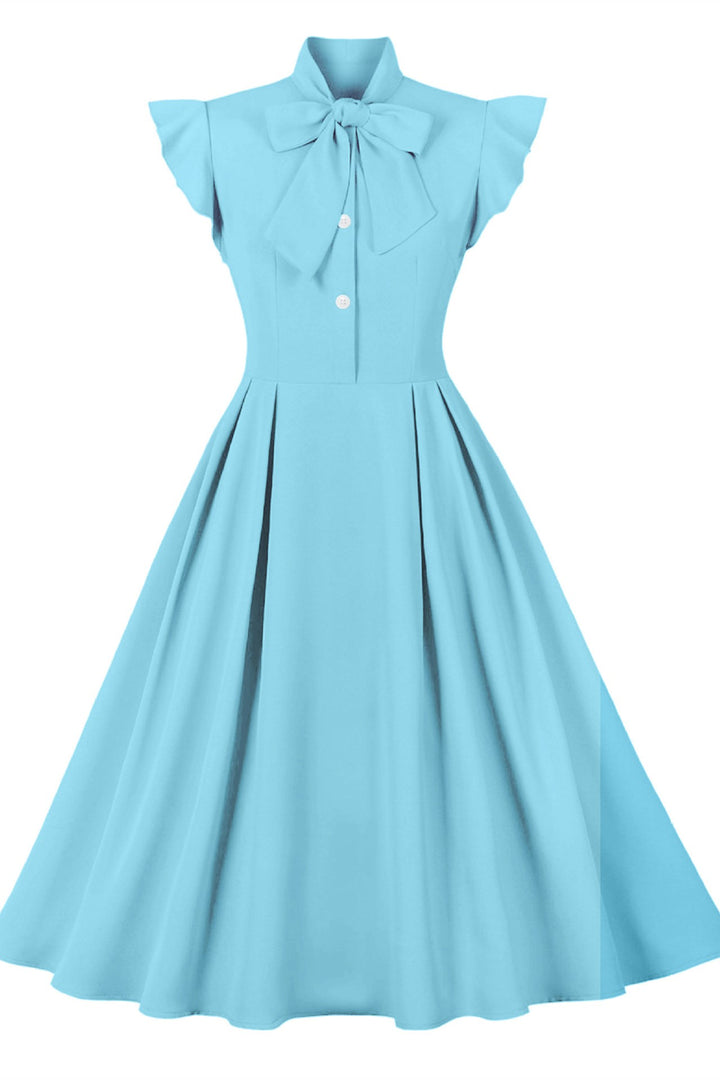 Aqua Blue Tie-Neck Flutter Sleeve A-Line Midi Dress