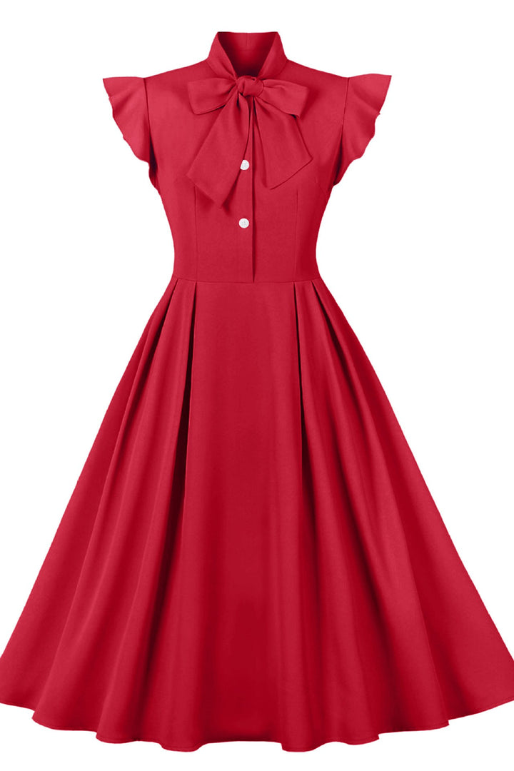 Aqua Blue Tie-Neck Flutter Sleeve A-Line Midi Dress