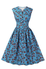 Blue Print Sleeveless A-Line Dress with Buttons