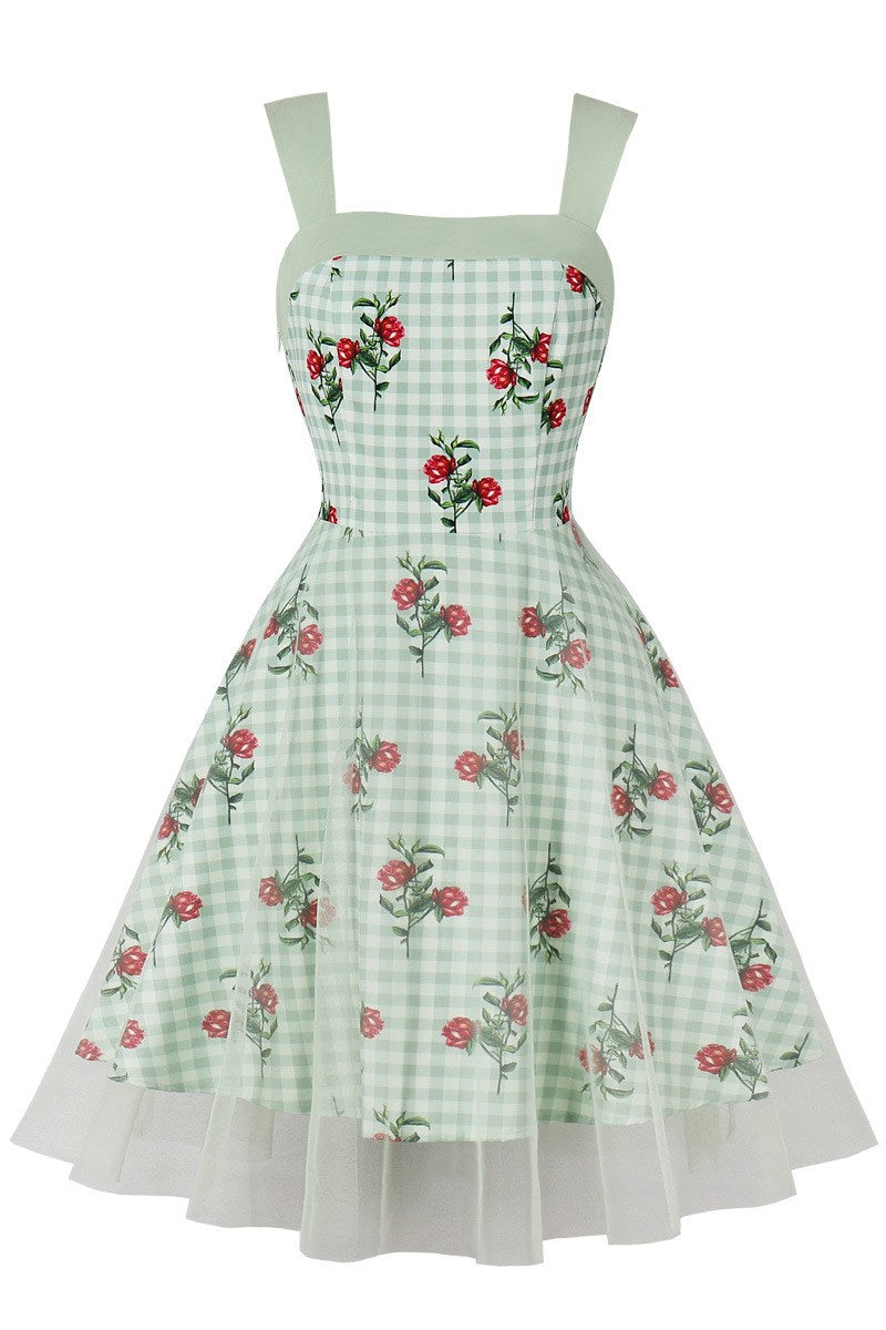 Green Gingham Strap A-Line Vintage Dress