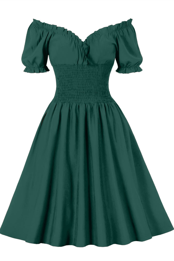 Red Off-the-Shoulder Puff Sleeve Midi Dress
