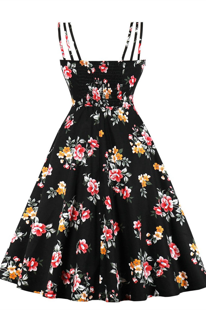 Black Print Spaghetti Strap A-Line Midi Dress