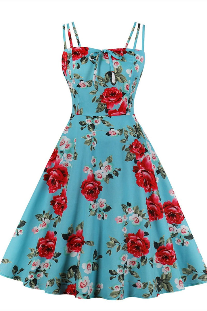 Black Print Spaghetti Strap A-Line Midi Dress