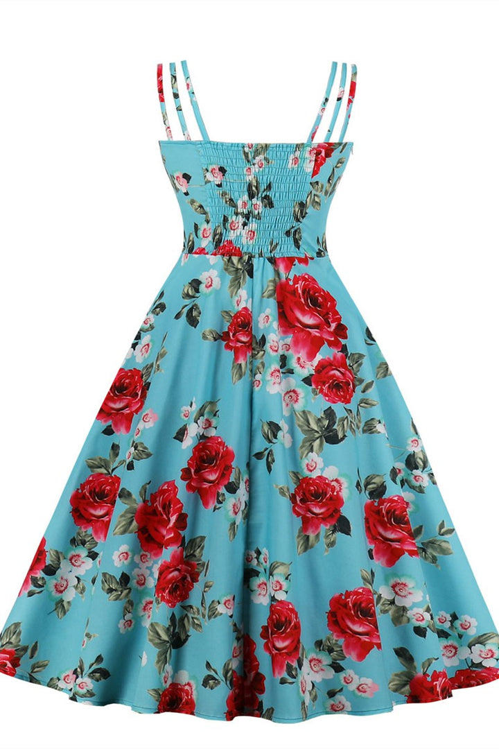 Black Print Spaghetti Strap A-Line Midi Dress