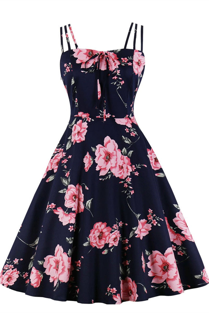Black Print Spaghetti Strap A-Line Midi Dress