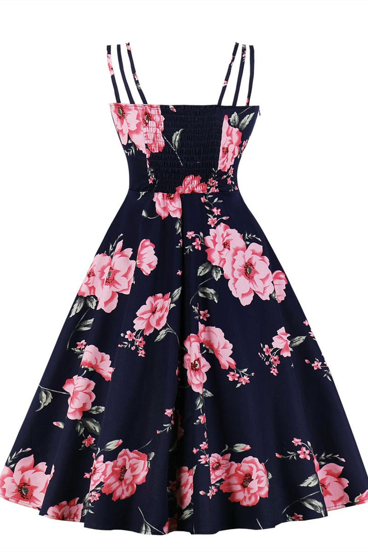 Black Print Spaghetti Strap A-Line Midi Dress