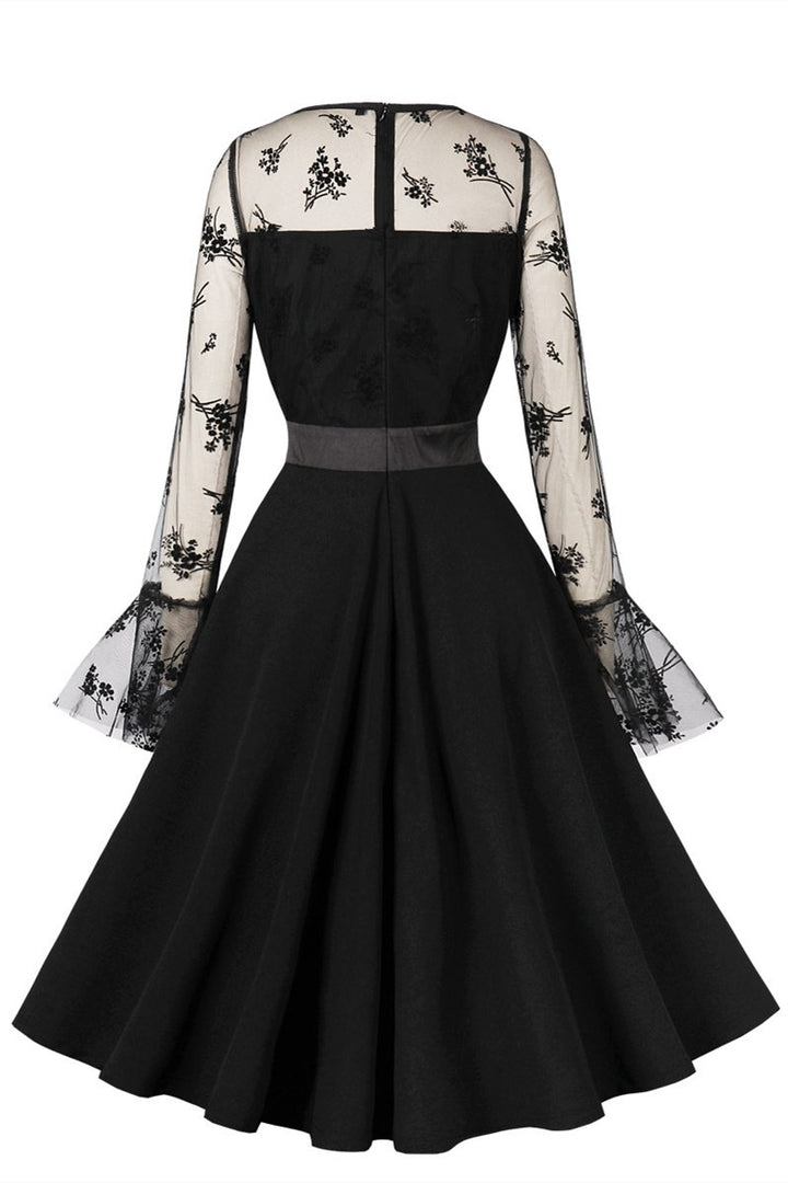 Black Mesh Round Neck Long Sleeve Midi Dress