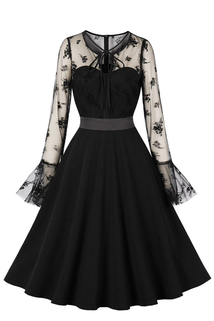 Black Mesh Round Neck Long Sleeve Midi Dress