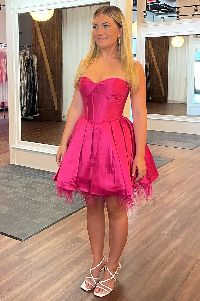 Neon Pink Feathers Sweetheart A-Line Short Formal Dress Modsele Neon Pink Feathers Sweetheart A-Line Short Formal Dress Modsele