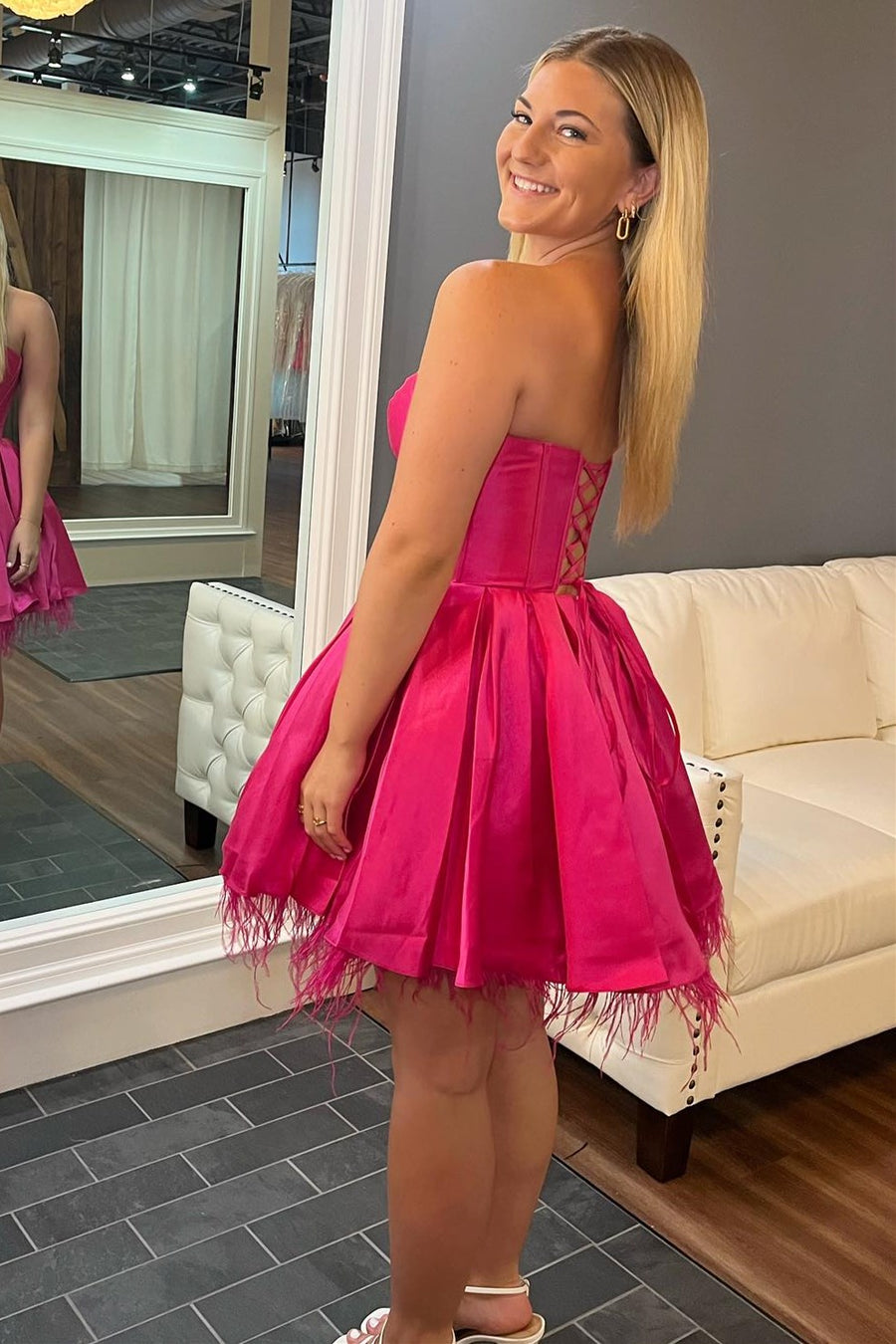 Neon Pink Feathers Sweetheart A-Line Short Formal Dress