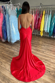 Red V-Neck Open Back Mermaid Long Formal Dress with Slit