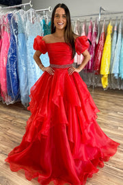 Red Off-the-Shoulder Puff Sleeve Multi-Layer Long Prom Dress