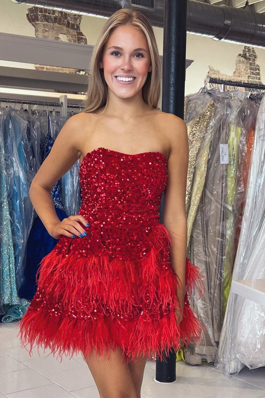 Red Sequin Strapless Feathers A-Line Short Formal Dress