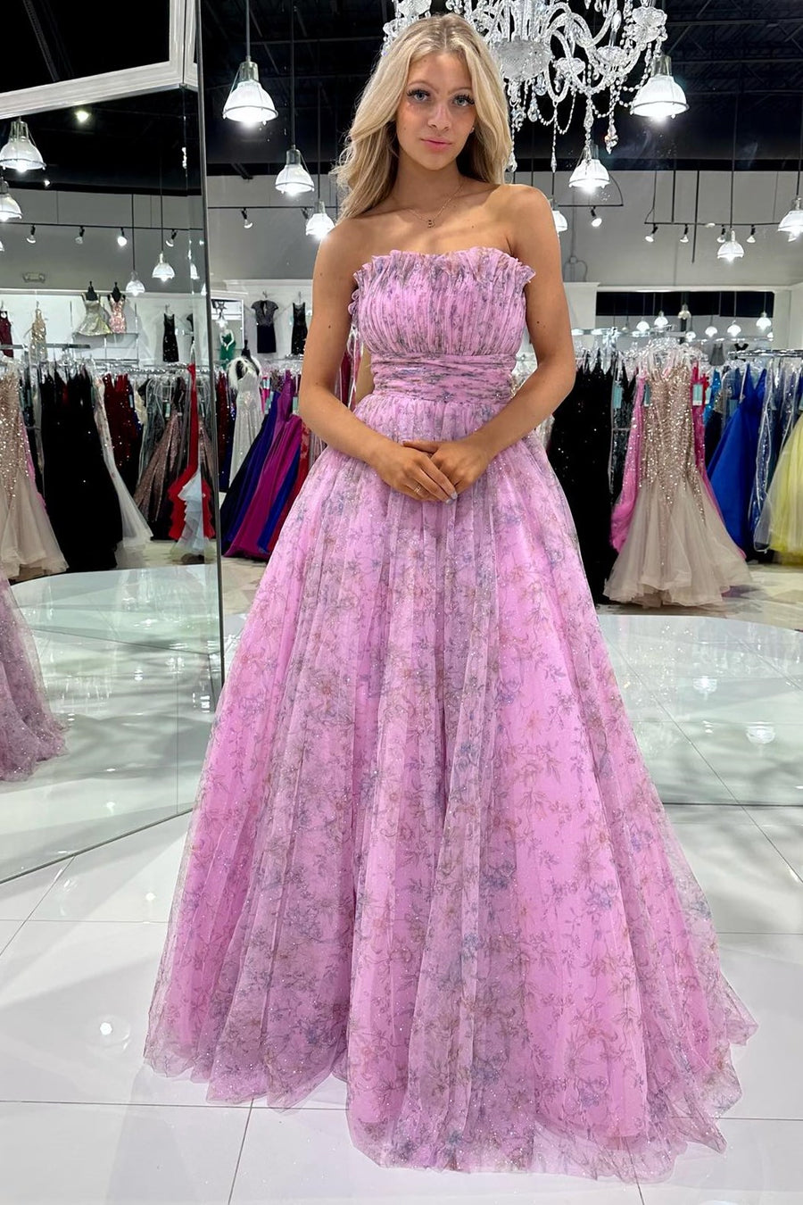 Lilac Print Strapless Ruffle A-Line Long Prom Dress