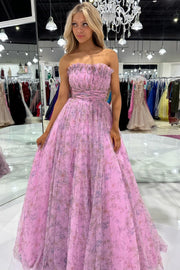 Lilac Print Strapless Ruffle A-Line Long Prom Dress