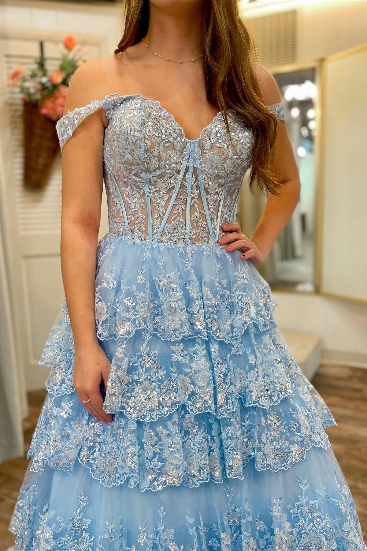 Off-the-Shoulder Gold Sequin Lace Ruffle Multi-Layer Long