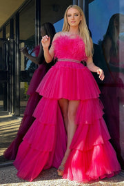 High-Low Hot Pink Strapless Feathers Prom Dress