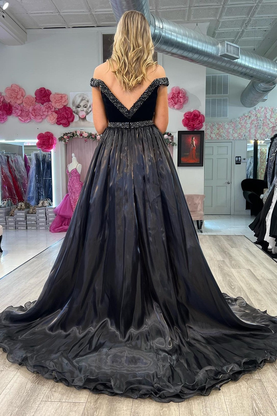 Black Velvet Beaded V-Neck Long Gown with Attached Train