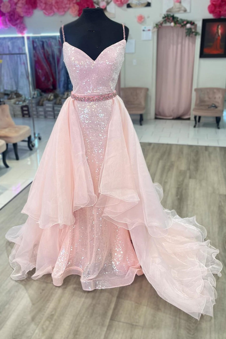 Pink Sequin V-Neck Backless Long Formal Dress with Attached Train