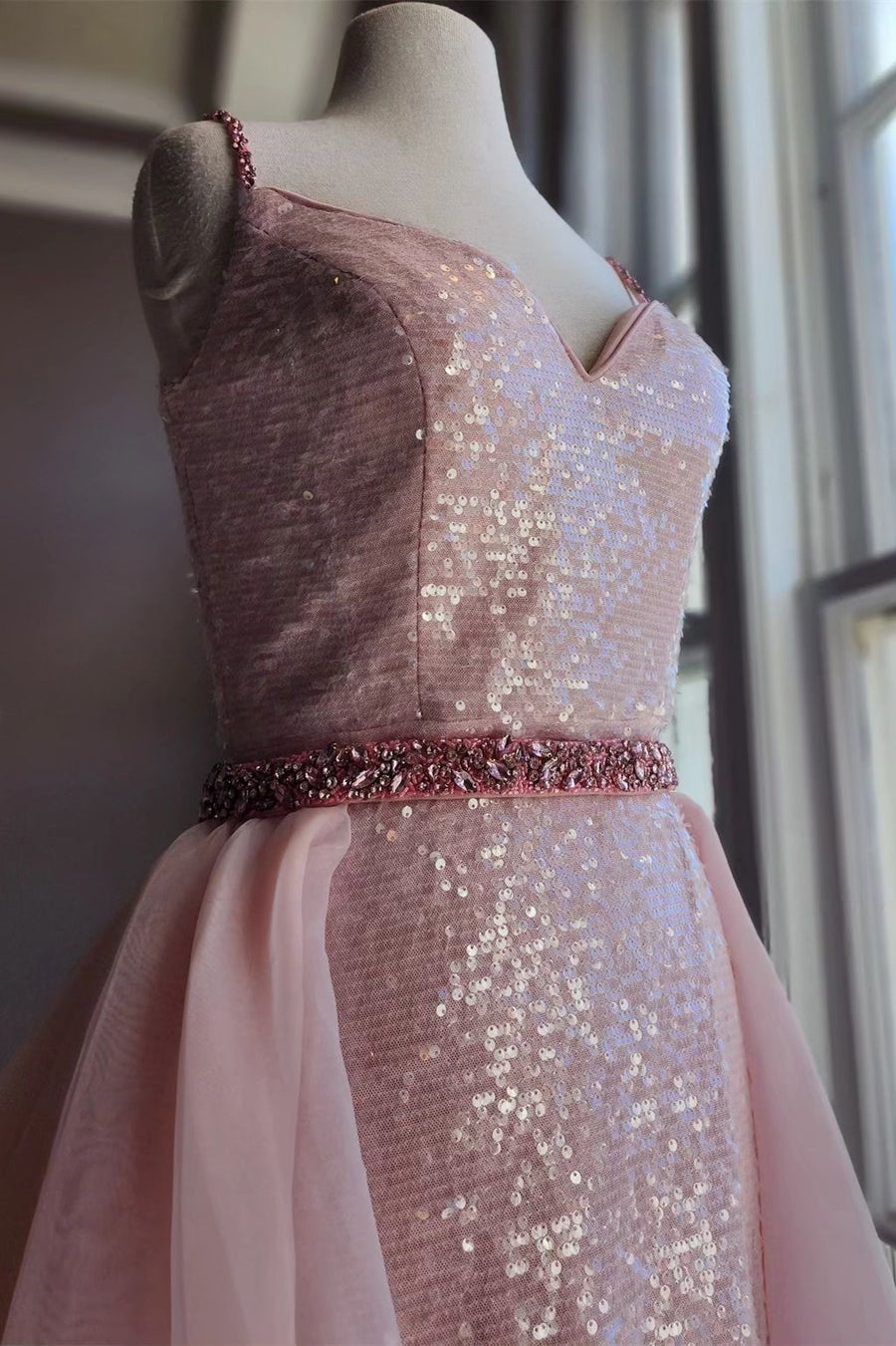 Pink Sequin V-Neck Backless Long Formal Dress with Attached Train