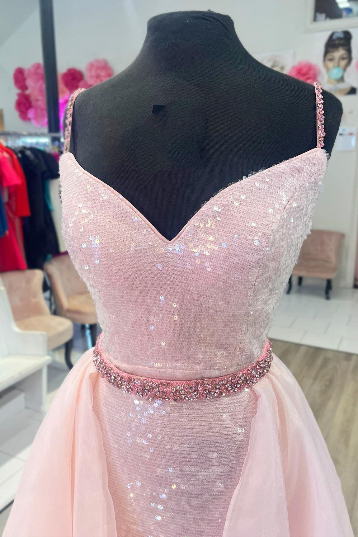 Pink Sequin V-Neck Backless Long Formal Dress with Attached Train