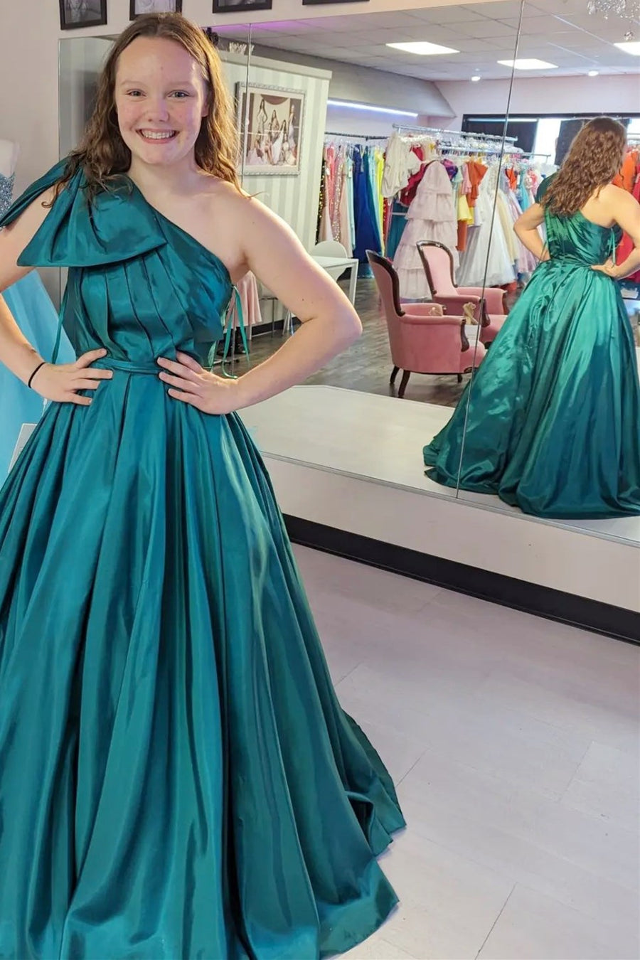 Emerald One-Shoulder Bow-Strap Ball Gown
