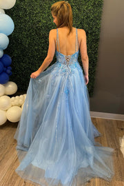 Blue Tulle Appliques Lace-Up Long Prom Dress