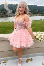 Pink Beaded Cold-Shoulder Ruffle Tiered Short Formal Dress